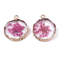 Hot Pink Transparent Clear Epoxy Resin & Dried Flower Pendants, with Edge Light Gold Plated Iron Loops, Flat Round, Hot Pink, 25~26x20~21x4.5mm, Hole: 1.8mm