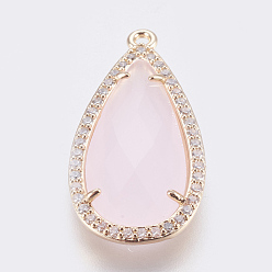 Pink Brass Glass Pendants, with Cubic Zirconia, Faceted, teardrop, Light Gold, Pink, 27.5x14x4mm, Hole: 1.2mm