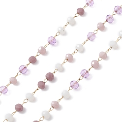 Brun Rosé  Main chaînes de perles de verre, facette, non soudée, avec 304 inoxydable chaînes en acier, or, ronde, brun rosé, 3x2.5mm