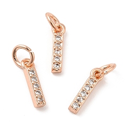 Real Rose Gold Plated Brass Micro Pave Grade AAA Cubic Zirconia Charms, Letter I, Cadmium Free & Nickel Free & Lead Free, Real Rose Gold Plated, 8.5x2x1.5mm, Hole: 2mm