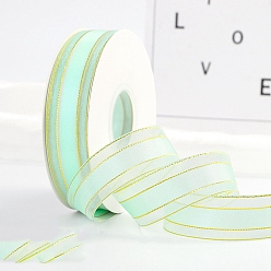 Aquamarine Polyester Organza Ribbons with Gold Edge, Garment Accessories, Gift Wrapping Ribbon, Aquamarine, 1 inch(25mm), about 49.21 Yards(45m)/Roll