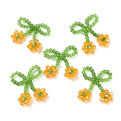 Orange Glass Beaded Pendants, with Copper Wire, Bowknot with Flower Charms, Orange, 25~27x25~28x5~5.5mm, Hole: 5.5x7.5mm