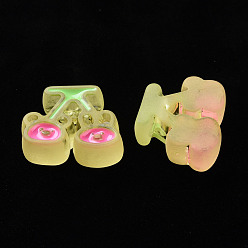 Yellow Transparent Acrylic Beads, with Enamel, Frosted, Cherry with Bear & Rabbit, Yellow, 22.5x26x9mm, Hole: 3mm