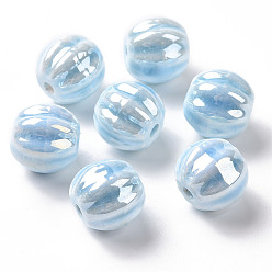 Light Sky Blue Handmade Pearlized Porcelain Beads, Pearlized, Pumpkin, Light Sky Blue, 13x12mm, Hole: 2mm