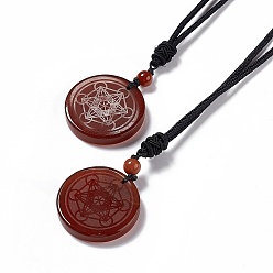 Red Agate Natural Red Agate Flat Round with Hexagon Pendant Necklace with Nylon Cord for Women, 25.59~27.95 inch(65~71cm)