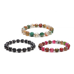 Mixed Color Dyed Natural Agate Beaded Stretch Bracelet Sets, Brass Rhinestone Jewelry for Women, Mixed Color, Inner Diameter: 2-1/2~2-5/8 inch(6.5~6.7cm), 3pcs/set