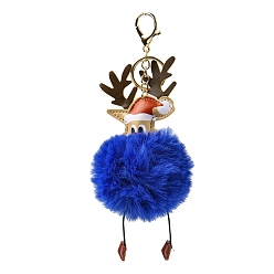 Azul Oscuro Llavero con colgante de reno navideño de piel de conejo Rex de imitación y cuero de pu, con el corchete de la aleación, para decoración colgante de bolso de coche, azul oscuro, 21.2 cm