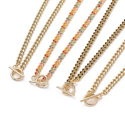 Mixed Color Brass Curb Chain Necklaces, with Enamel and 304 Stainless Steel Toggle Clasps, Real 18K Gold Plated, Mixed Color, 17.91~18.11 inch(45.5~46cm)