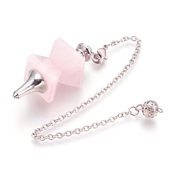 Quartz Rose Pendules de radiesthésie en quartz rose naturel, avec les accessoires en laiton de tonalité de platine, trapèze, 235mm, Trou: 2mm