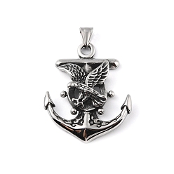 Antique Silver 304 Stainless Steel Big Pendants, with 201 Stainless Steel Snap on Bails, Anchor with Eagle Charm, Antique Silver, 50.5x41x7.5mm, Hole: 9x4mm