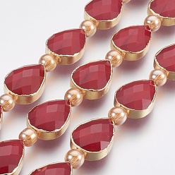 Brique Rouge Perles verre opaque brins, facette, bord en laiton doré, larme & rond, firebrick, 18x12.5~13x7~7.5mm, Trou: 1mm, Environ 10 pcs/chapelet, 9 pouce (23 cm)