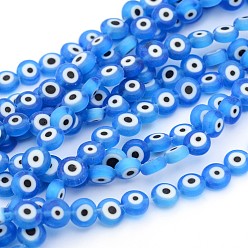Cyan Perles lampwork, perles au chalumeau, faits à la main, mauvais œil, plat rond, cyan, environ 8 mm de diamètre, épaisseur de 4mm, Trou: 1mm, Environ 50 pcs/chapelet