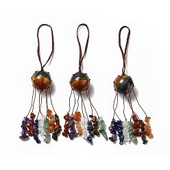 Mixed Stone Assembled Gemstone Round Pendant Decorations, Chakra Gemstone Chips Nylon Cord Hanging Ornament, 205mm