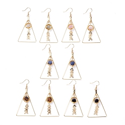 Mixed Stone Natural Mixed Gemstone Dangle Earrings, with Brass Real 18K Gold Plated Earring Hooks and Brass Findings, Triangle, 68mm, Pin: 0.7mm