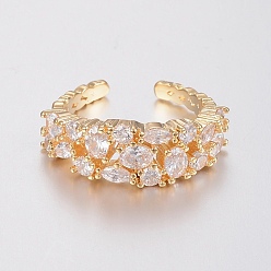 Golden Adjustable Brass Micro Pave Clear Cubic Zirconia Finger Rings, Cuff Rings, Golden, Adjustbale Size 16~19mm