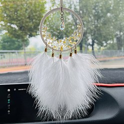 Yellow Iron Ring Woven Net/Web with Feather Car Hanging Decoration, with Glass Teardrop Charms, for Car Rearview Mirror Decoration, Yellow, 350mm