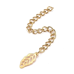 Golden 304 Stainless Steel Chain Extender, Curb Chain, with 202 Stainless Steel Charms, Hollow Leaf, Golden, 66~71mm, Link: 3.7x3x0.5mm, Leaf: 12.5x5.5x0.2mm
