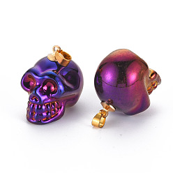 Purple Electroplate K9 Glass Pendants, with Golden Plated Brass Bails, Skull, Halloween, Purple, 25x26~27x19mm, Hole: 5x3mm