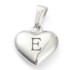 Letter E Pendentifs en acier inoxydable, coeur avec lettre noire, couleur inox, letter.e, 304mm, Trou: 16x16x4.5mm