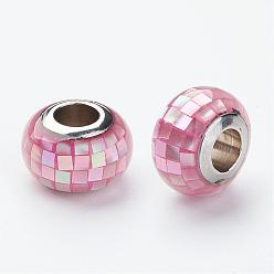 Pearl Pink 304 Stainless Steel Resin European Beads, with Shell and Enamel, Rondelle, Large Hole Beads, Pearl Pink, 12x8mm, Hole: 5mm