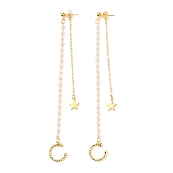 Real 18K Gold Plated Cuff Earrings, Stud Earrings, with Brass Cable Chains, ABS Plastic Imitation Pearl, 304 Stainless Steel Charms and Ear Nut, Star, Real 18K Gold Plated, 79~125mm, Pin: 0.8mm