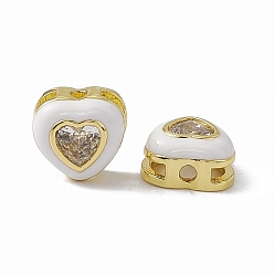 White Rack Plating Brass Cubic Zirconia Beads, with Enamel, Real 18K Gold Plated, Long-Lasting Plated, Cadmium Free & Nickel Free & Lead Free, Heart, White, 8x8.5x4.5mm, Hole: 1.4mm & 5x1.2mm