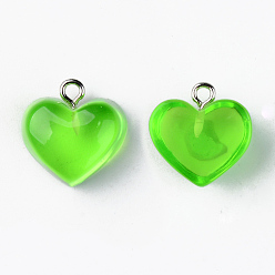 Lime Green Transparent Resin Pendants, with Platinum Tone Iron Loop, Heart, Lime Green, 16.5x17x9.5mm, Hole: 1.8mm