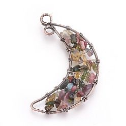 Tourmaline Natural Chip Tourmaline Big Pendants, with Red Copper Tone Brass Findings, Moon, 61~64x40~46x7mm, Hole: 2.5~3.5mm