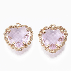 Pink Colgantes de cristal, con ajustes de latón con respaldo abierto, facetados, corazón, la luz de oro, rosa, 18x16~17x5.5 mm, agujero: 1.2 mm