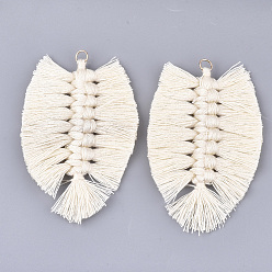 Ivoire Polycoton (polyester coton) gland grand pendentif décorations, avec les accessoires en fer, or et de lumière, blanc crème, 83~90x55~58x7~8mm, Trou: 5mm