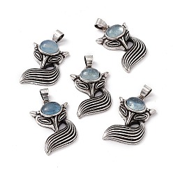 Aquamarine Natural Aquamarine Pendants, Fox Charms, with Antique Silver Color Brass Findings, 29x19x8mm, Hole: 4~5x3.5mm