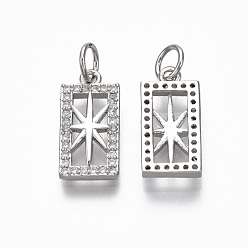 Real Platinum Plated Brass Micro Pave Clear Cubic Zirconia Pendants, with Jump Ring, Nickel Free, Rectangle with Star, Real Platinum Plated, 15x7.5x2mm, Hole: 3mm