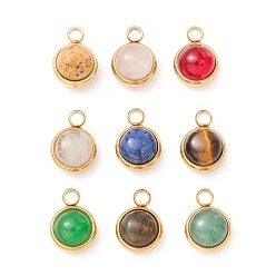 Mixed Stone Natural Mixed Stone Charms, with Ion Plating(IP) 304 Stainless Steel Findings, Half Round, Real 18K Gold Plated, 13.5x10x7.5mm, Hole: 2.5mm