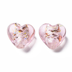 Pink Perles de verre en feuille d'argent au chalumeau faites à la main, cœur, rose, 15~16x15.5x9~10mm, Trou: 1.2mm