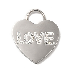 Stainless Steel Color 304 Stainless Steel Rhinestone Pendants, with Polymer Clay, Heart with Word Love Charms, Stainless Steel Color, 28x23.5x2.5mm, Hole: 7.5x7mm