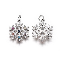 Platinum Brass Micro Pave Cubic Zirconia Pendants, with Enamel and Jump Ring, Christmas, Snowflake, Platinum, 19x15x2.3mm, Hole: 3mm