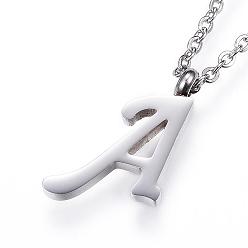Stainless Steel Color 304 Stainless Steel Initial Pendant Necklaces, Letter A, with Cable Chains and Lobster Clasp, Stainless Steel Color, 18.11 inch(46cm)