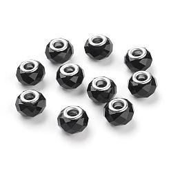 Black Handmade Glass European Beads, Large Hole Beads, Silver Color Brass Core, Black, 14x8mm, Hole: 5mm