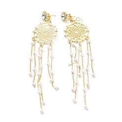 Feather Crystal Rhinestone Dangle Stud Earrings with Imitation Pearl, Brass Long Tassel Earrings with 925 Sterling Silver Pins for Women, Light Gold, Woven Net/Web with Feather, 128mm, Pin: 0.8mm