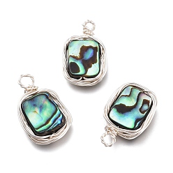 Silver Natural Abalone Shell/Paua Shell Pendants, with Eco-Friendly Copper Wire Wrapped, Rectangle, Silver, 19x11x3.7mm, Hole: 2.2mm