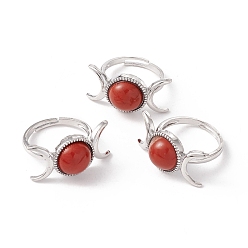 Jaspe Rouge Bague réglable lune jaspe rouge naturel, bijoux en laiton pour femmes, platine, sans cadmium et sans plomb, diamètre intérieur: 17.1~20 mm