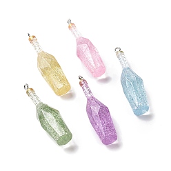 Lilac Resin Pendants, with Platinum Iron Peg Bail, Winebottle, Mixed Color, 37~47x12~14x11.5~14mm, Hole: 2mm