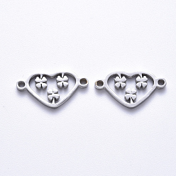 Stainless Steel Color 201 Stainless Steel Links Connectors, Laser Cut, Heart with Clover, Stainless Steel Color, 11x20x1.5mm, Hole: 1.6mm
