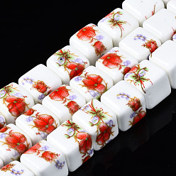 Red Handmade Porcelain Ceramic Beads Strands, Flower Printed, Cube, Red, 9x9x9mm, Hole: 2.5mm, about 36pcs/strand, 12.4 inches(31.5cm)