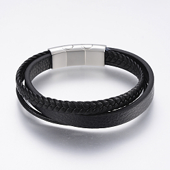 Черный Кожаный шнур многожильных браслеты, с 304 из нержавеющей стали магнитные застежки, чёрные, 8-5/8 дюйм (22 см)