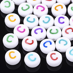 Letter C Initial Acrylic Beads, Horizontal Hole, Flat Round, Mixed Color, Letter.C, 7x3.5~4mm, Hole: 1.2mm, about 3700pcs/500g