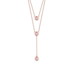 Rose Gold SHEGRACE 925 Sterling Silver Two-Tiered Necklaces, with Three Round Pink AAA Cubic Zirconia Pendant, Rose Gold, 14.96 inch~16.54 inch(38~42cm)