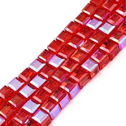 Roja Electroplate transparentes cuentas de vidrio hebras, facetados, cubo, rojo, 7x7x6.5 mm, agujero: 1.2 mm, sobre 100 unidades / cadena, 25.98 pulgada (66 cm)