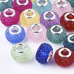 Mixed Color Resin Rhinestone European Beads, Large Hole Beads, with Platinum Tone Brass Double Cores, Rondelle, Berry Beads, Mixed Color, 14x10mm, Hole: 5mm