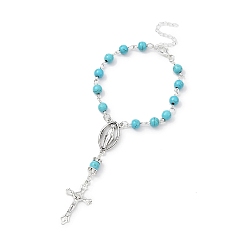 Turquoise Synthétique Bracelets à breloques en alliage, bracelet de style chapelet turquoise synthétique en perles, 7-1/8~7-1/4 pouce (18.1~18.4 cm)